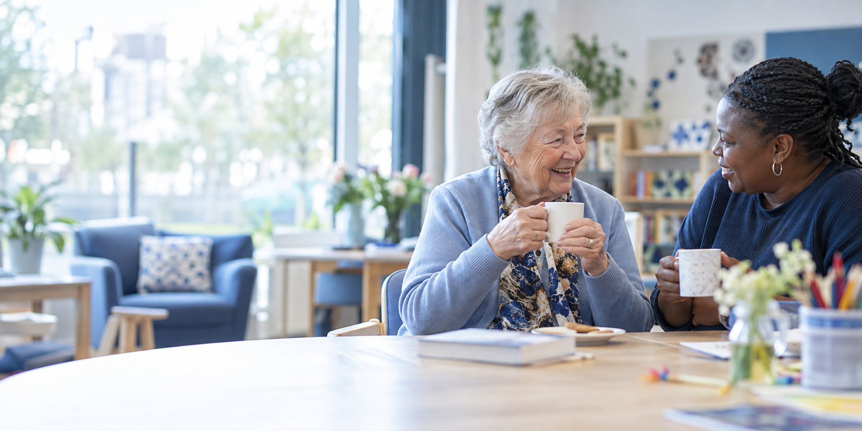 An older woman enjoying a cup of tea in a welcoming setting