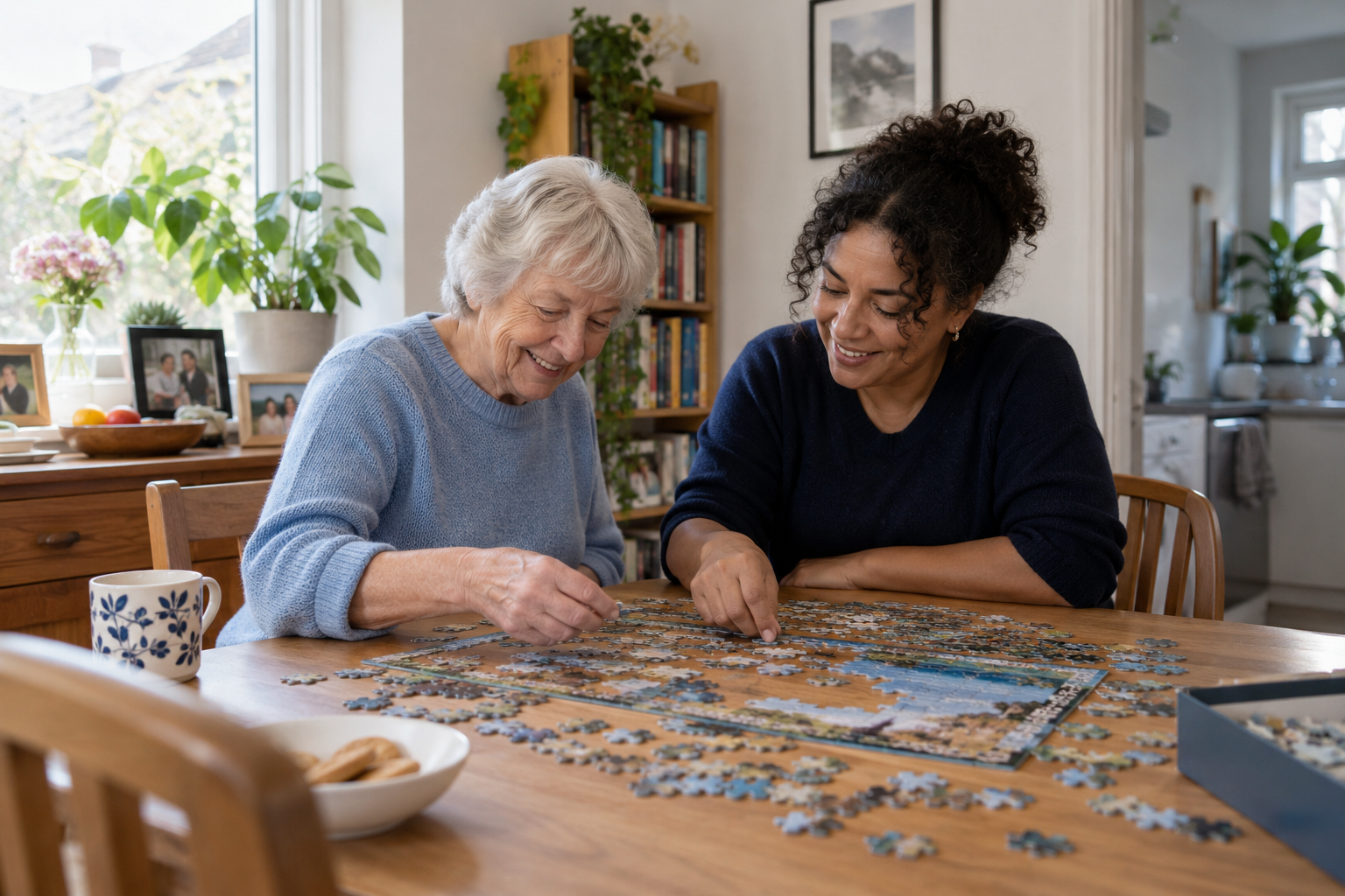 An older person and a support worker enjoying an activity together